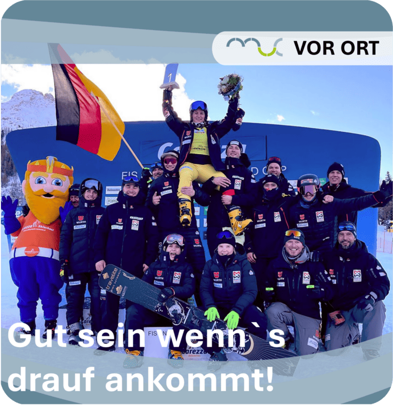 Das Snowboard Race-Team von Snowboard Germany nach dem Sieg von Ramona Hofmeister im Parallel-Riesenslalom in Carezza