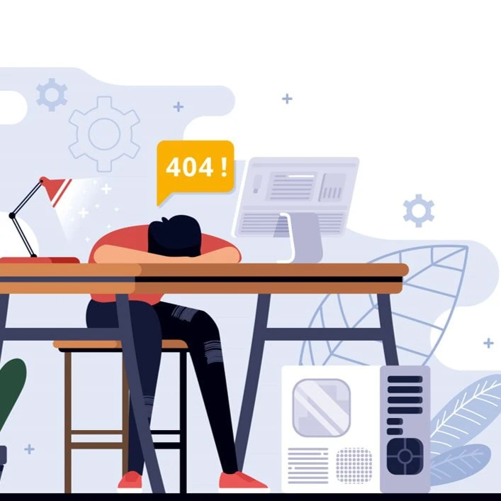 Illustration: Eine Person sitzt am Schreibtsich und hat den Kopf frustriert auf die Tischplatte gelegt. Über ihr das Fehler-Zeichen 404
