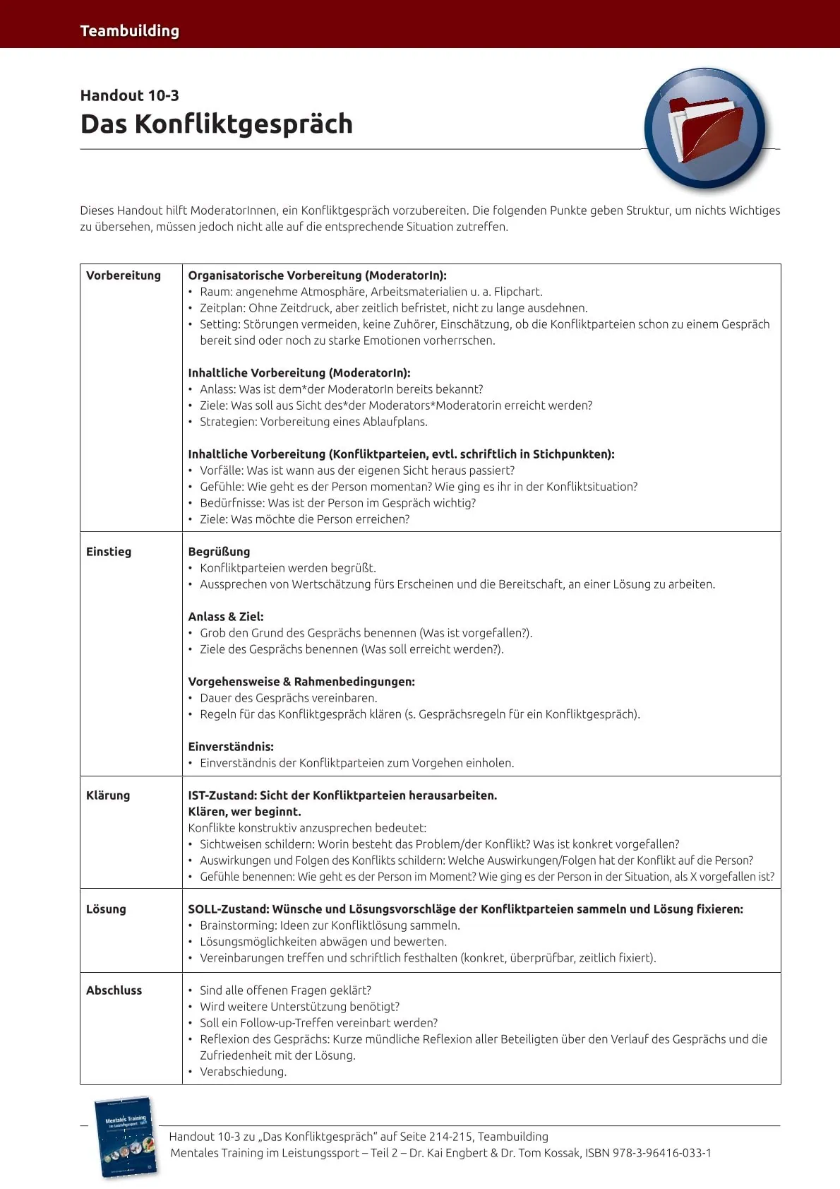 Toolbox Teambuilding: Handout „Leitfaden Konfliktgespräch“